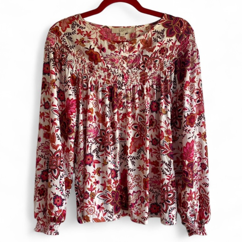 LOFT Floral Long Sleeve Gathered Boho Peasant Blouse Size M